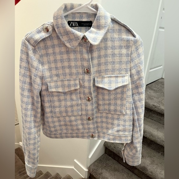 Zara NEW Textured Blue Gingham Blazer Jacket Sz Medium - Picture 3 of 10